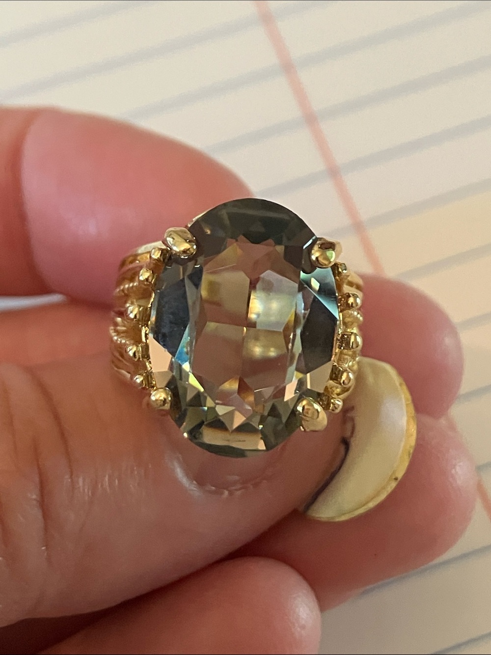 18k Gold-Plated Ring with Smoky Green Oval Crystal